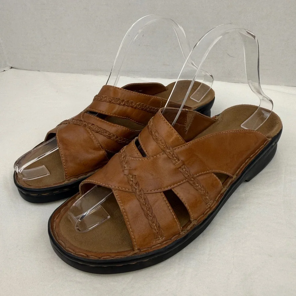 Clarks Womens Tan Brown Leather Braided Slide Sandals Size 7M Made in Brazil - Picture 5 of 13